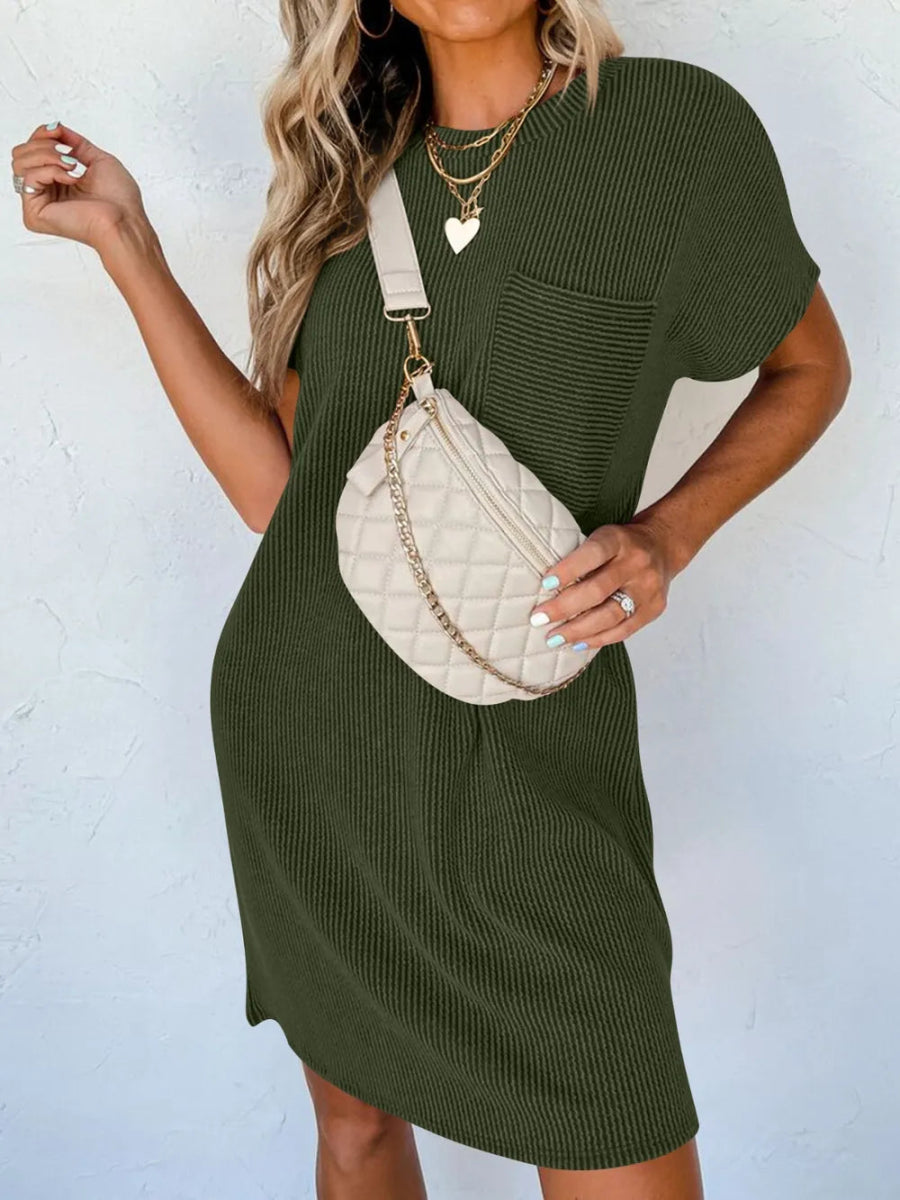 Round Neck Short Sleeve Mini Dress - CELIVINE