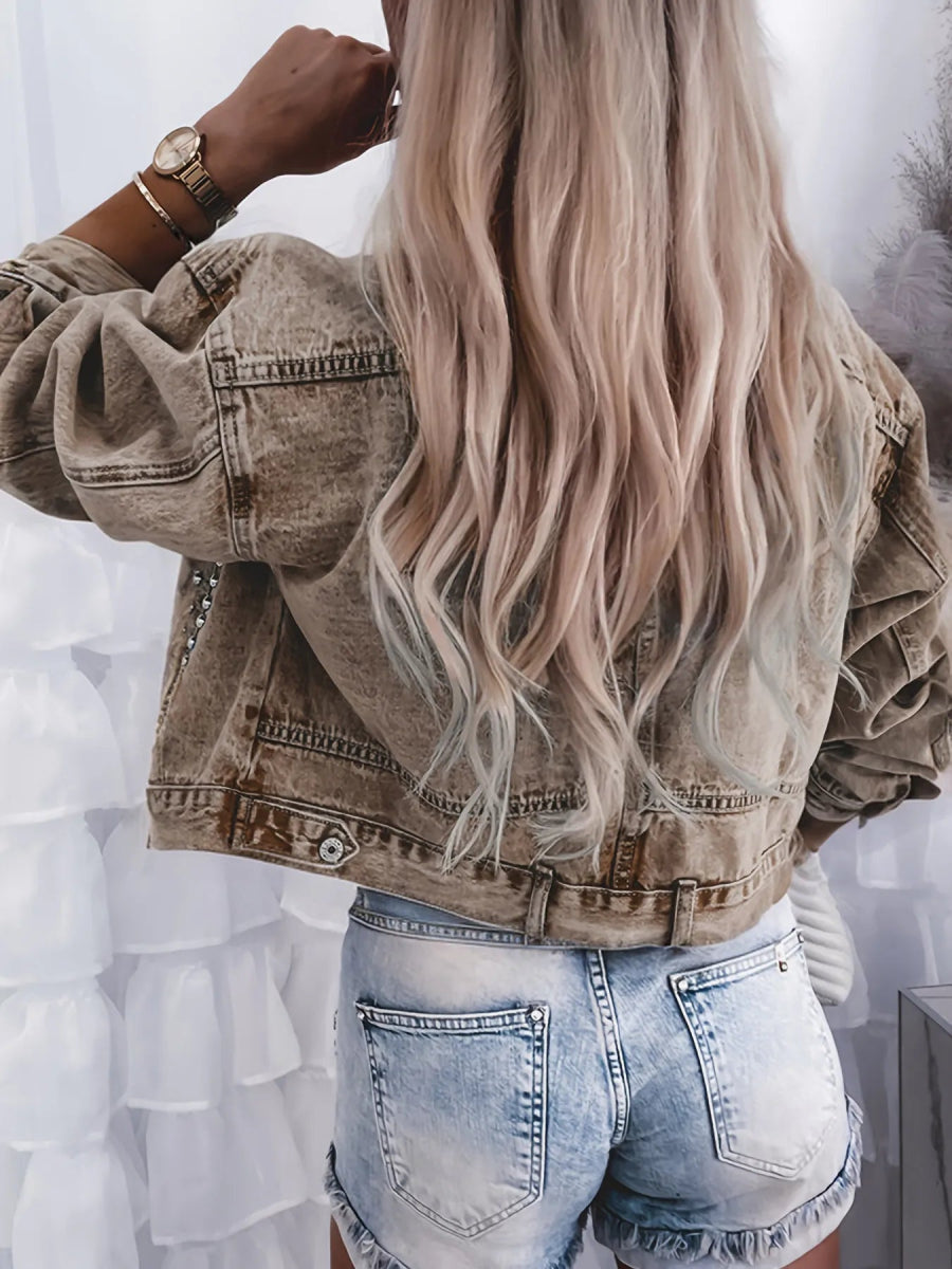 Studded Button Up Denim Jacket - CELIVINE