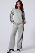 Side Striped Round Neck Top and Pants Active Set - CELIVINE
