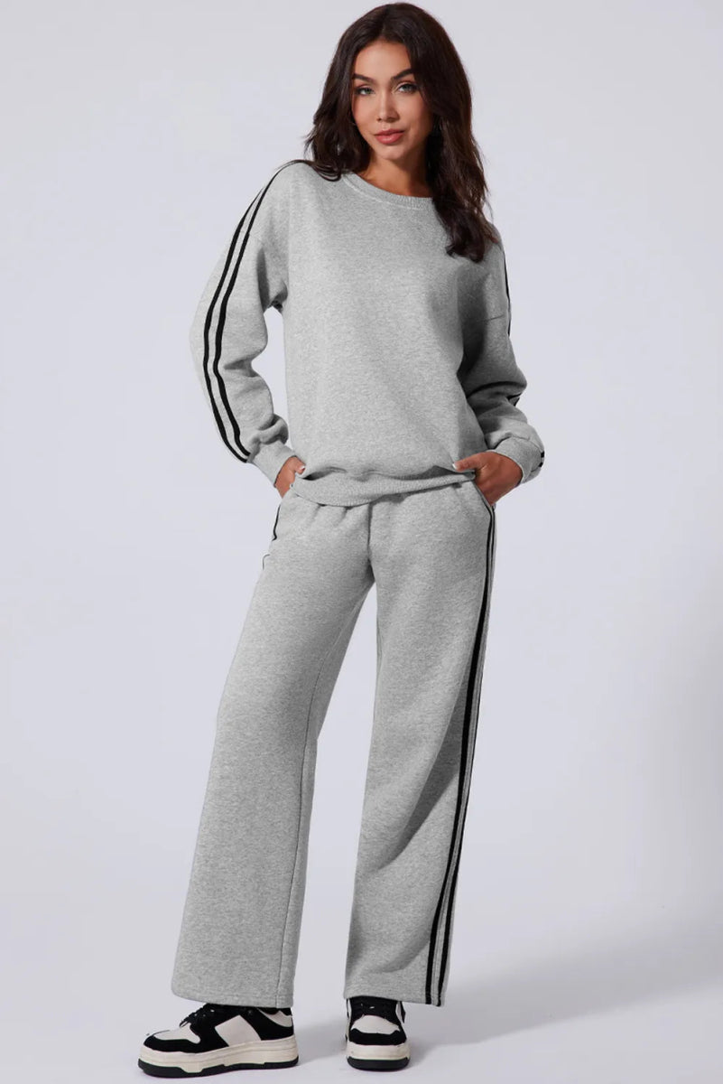 Side Striped Round Neck Top and Pants Active Set - CELIVINE