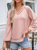 Exposed Seam Ribbed Knit V Neck Top - CELIVINE