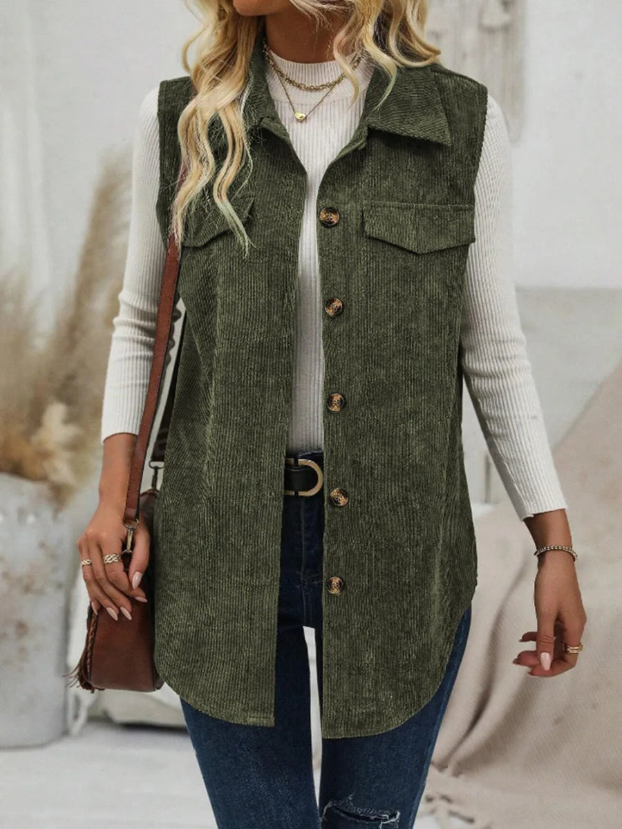 Button Up Collared Neck Vest Coat - CELIVINE