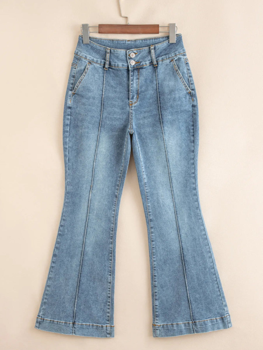 High - Waisted Flare Jeans with Seam Detail - CELIVINE