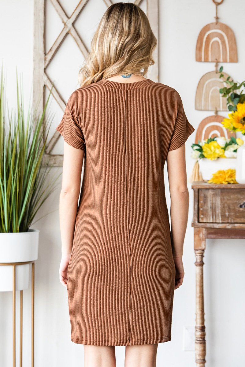 Ribbed Round Neck Short Sleeve Dress - CELIVINE