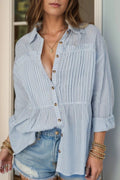 Frill Striped Collared Neck Long Sleeve Shirt - CELIVINE