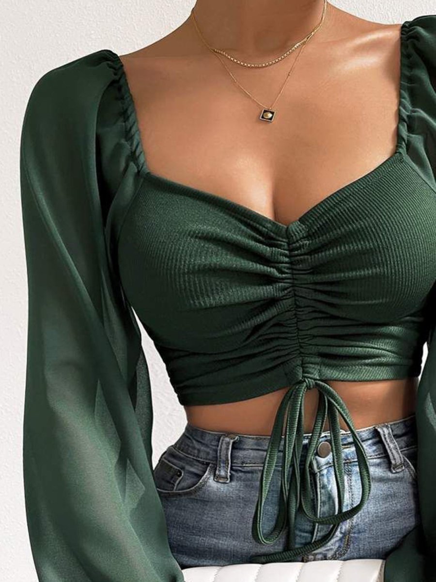 Drawstring Sweetheart Neck Cropped Top - CELIVINE