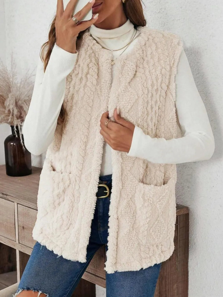 Fuzzy Open Front Vest with Pockets - CELIVINE