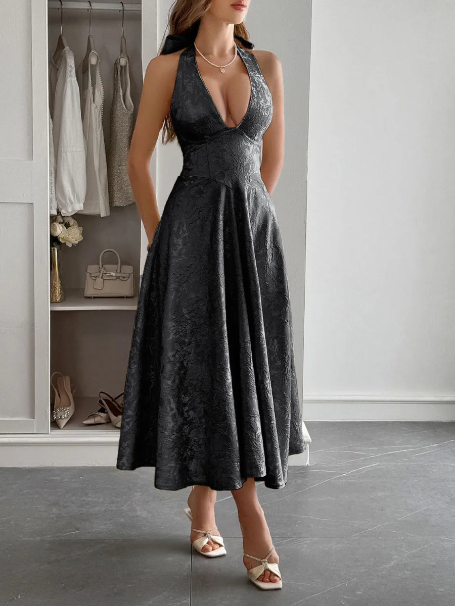 Halter Neck Midi Dress with Pockets - CELIVINE