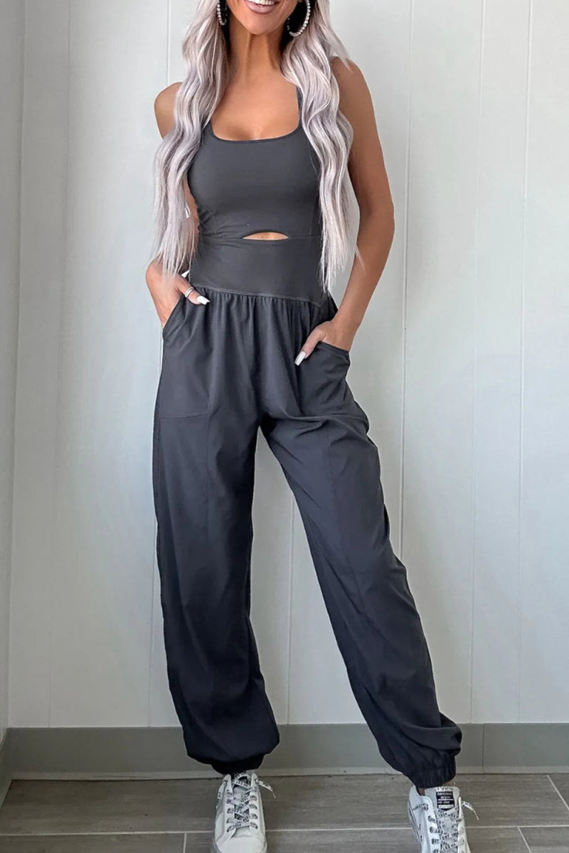 Cutout Square Neck Wide Strap Active Jumpsuit - CELIVINE