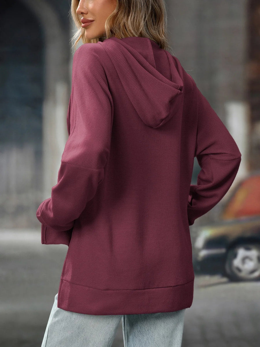 Textured Drawstring Long Sleeve Hoodie - CELIVINE
