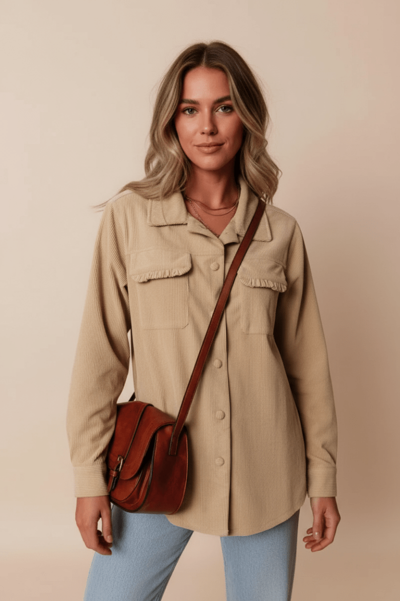 Frill Button Up Long Sleeve Shacket - CELIVINE