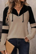 Drawstring Quarter Zip Contrast Long Sleeve Hoodie - CELIVINE