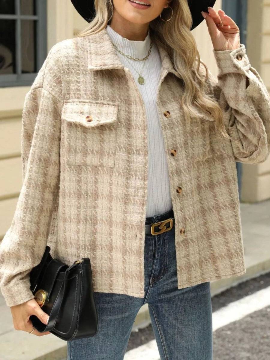 Plaid Button Up Long Sleeve Jacket - CELIVINE