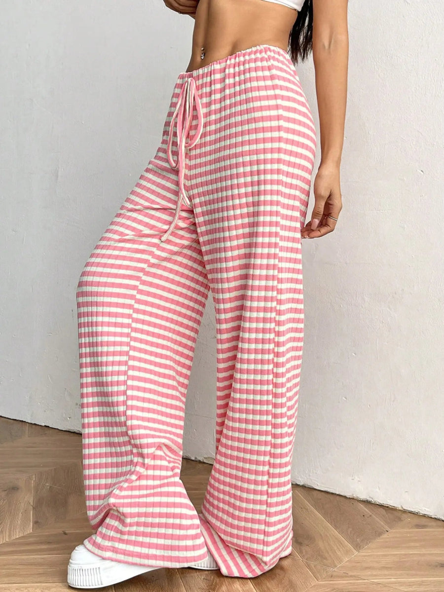 Striped Wide Leg Drawstring Pants - CELIVINE