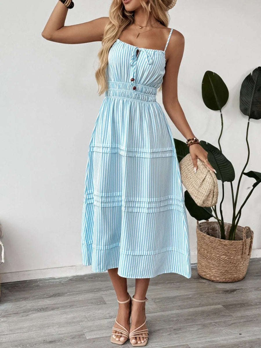 Striped Spaghetti Strap Midi Dress - CELIVINE