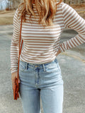 Striped Textured Knit Long Sleeve Tee - CELIVINE