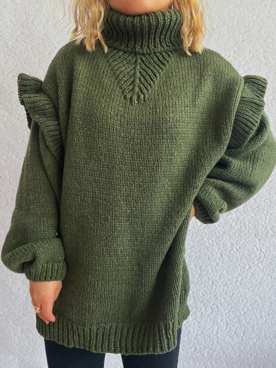 Ruffled Turtleneck Long Sleeve Sweater - CELIVINE