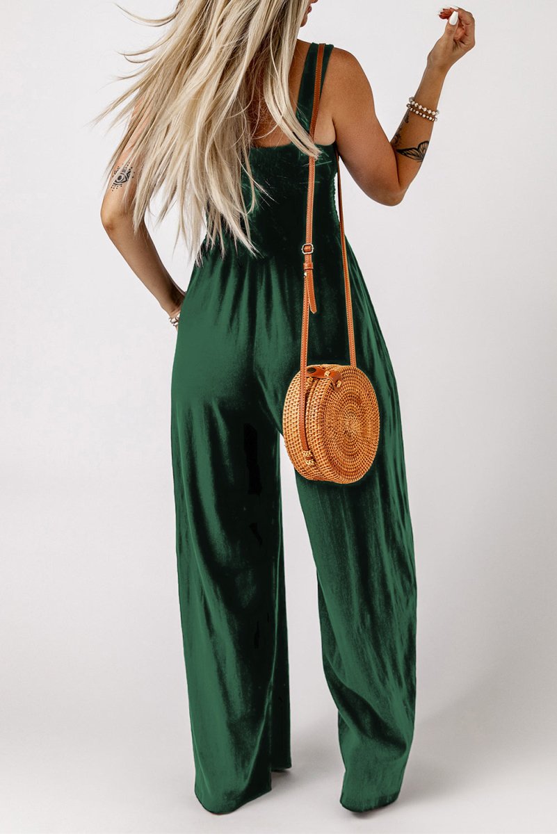Smocked Square Neck Wide Leg Jumpsuit with Pockets - CELIVINE