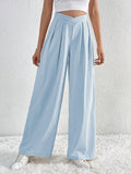 V - Waisted Ruched Front Wide Leg Pants - CELIVINE