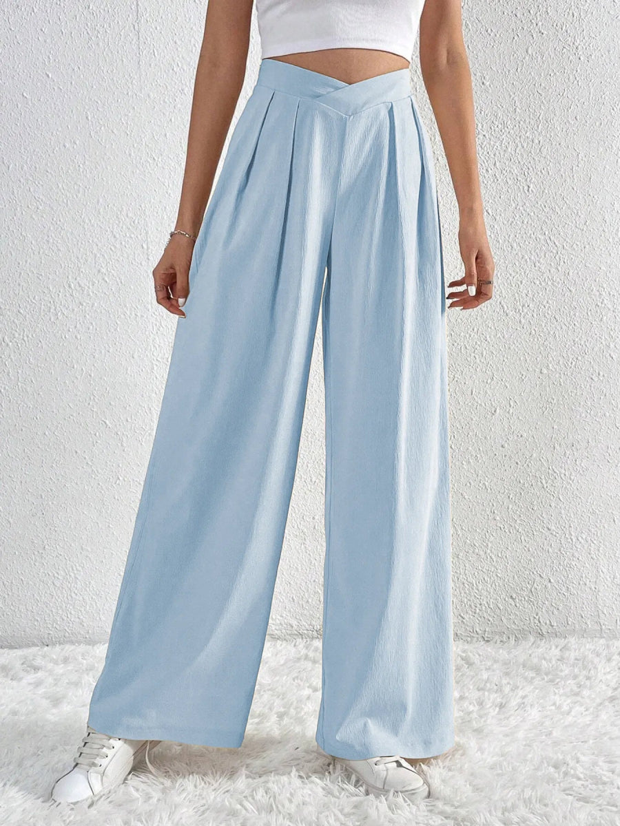 V - Waisted Ruched Front Wide Leg Pants - CELIVINE