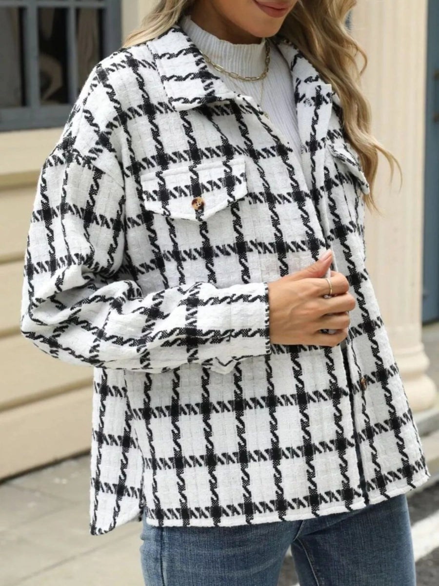 Plaid Button Up Long Sleeve Jacket - CELIVINE
