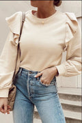 Ruffled Round Neck Long Sleeve Blouse - CELIVINE