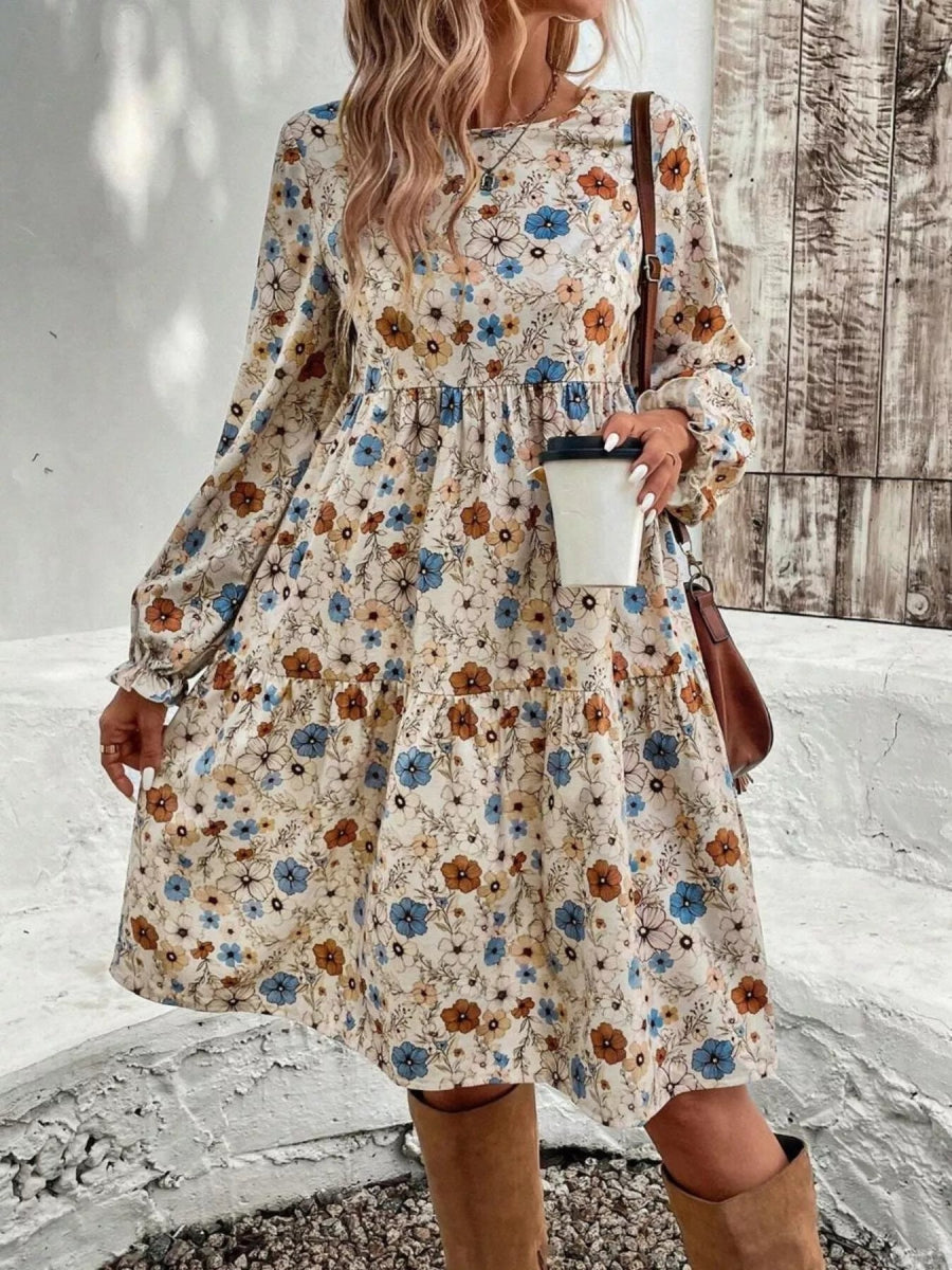 Floral Print Long Sleeve Tiered Dress - CELIVINE