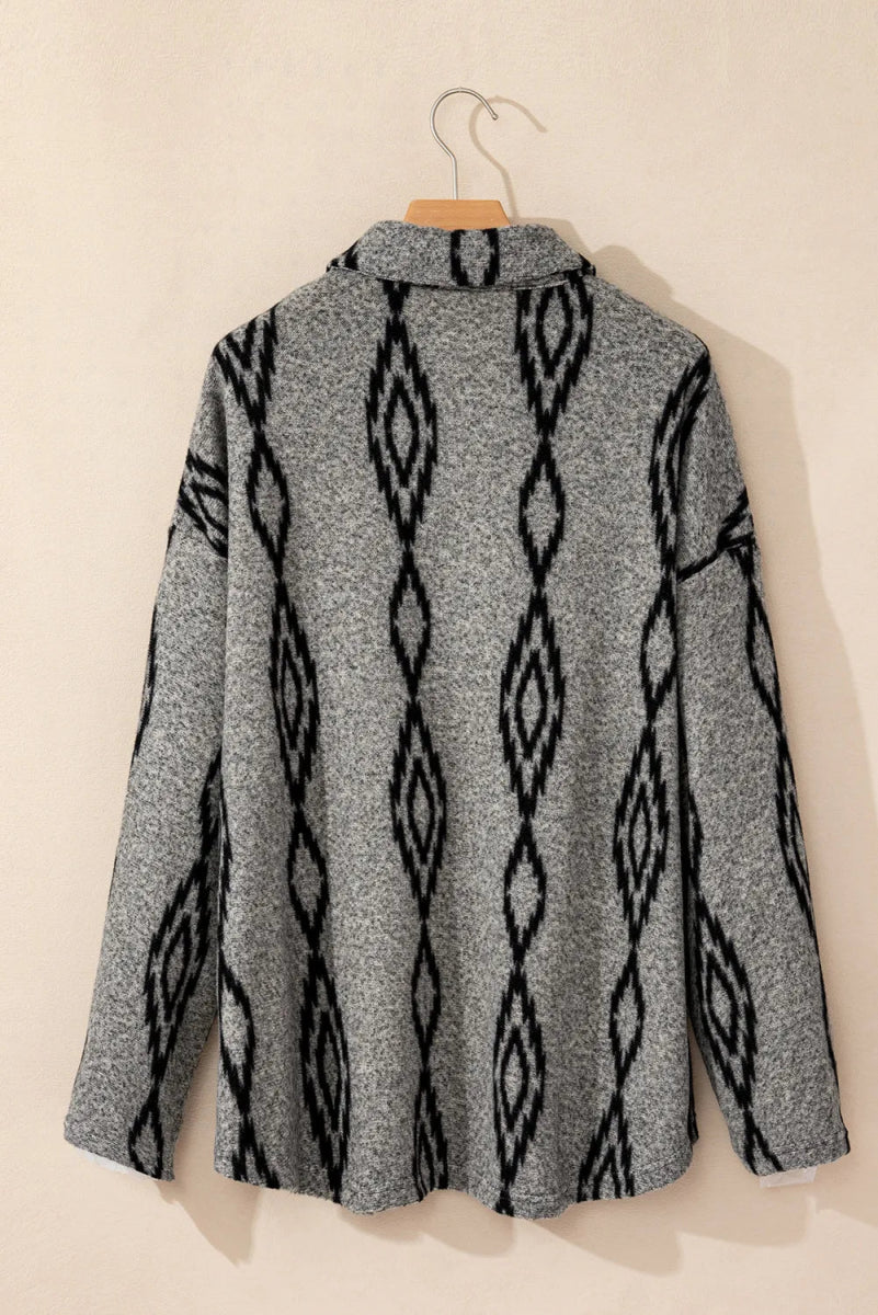 Pocketed Geometric Collared Neck Button Down Shacket - CELIVINE