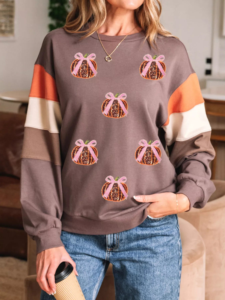 Bow Pumpkin Round Neck Sweatshirt - CELIVINE
