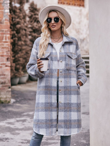 Mandy Plaid Dropped Shoulder Slit Coat - CELIVINE