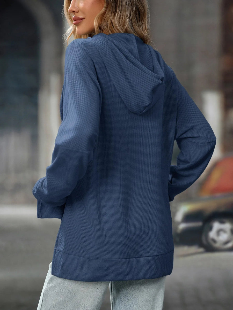 Textured Drawstring Long Sleeve Hoodie - CELIVINE