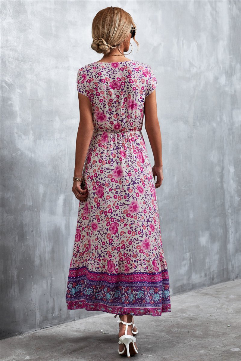 V - Neck Short Sleeve Printed Maxi Dress - CELIVINE