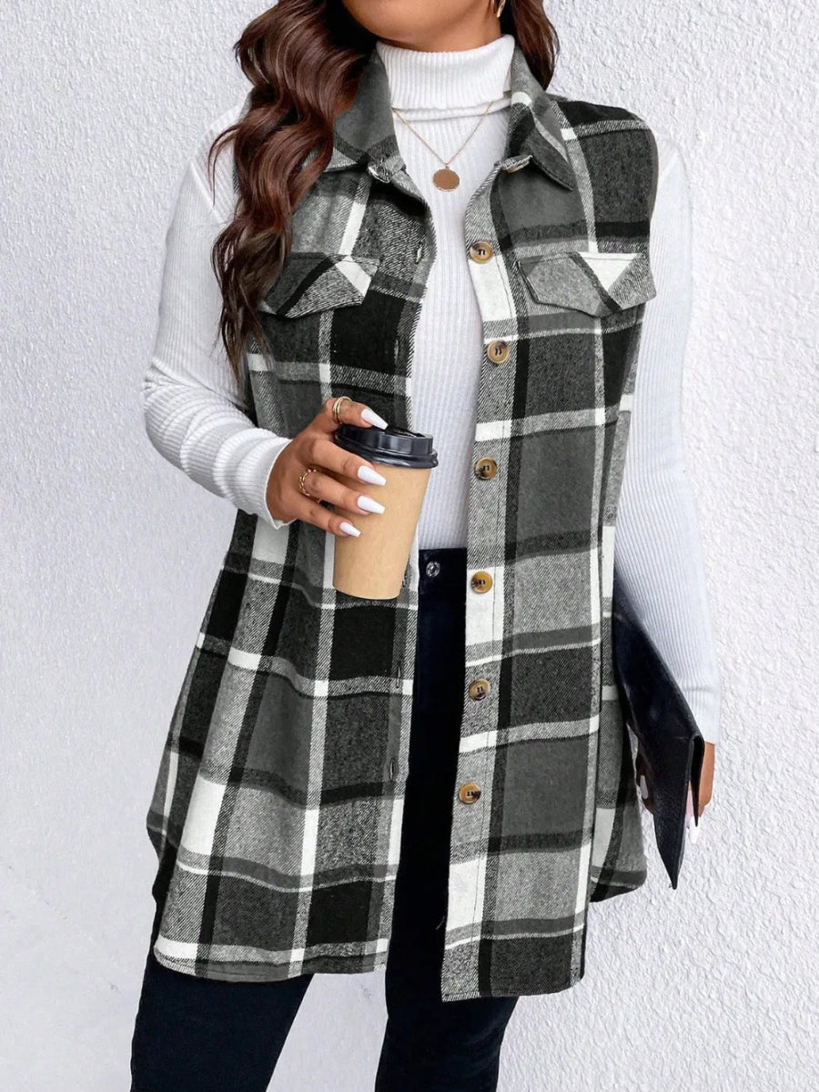 Honey Plus Size Pocketed Plaid Button Up Vest Coat - CELIVINE