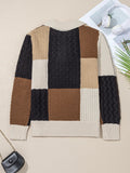 Multicolour Color Block Cable Knit Sleeve Buttons Collared Sweater - CELIVINE