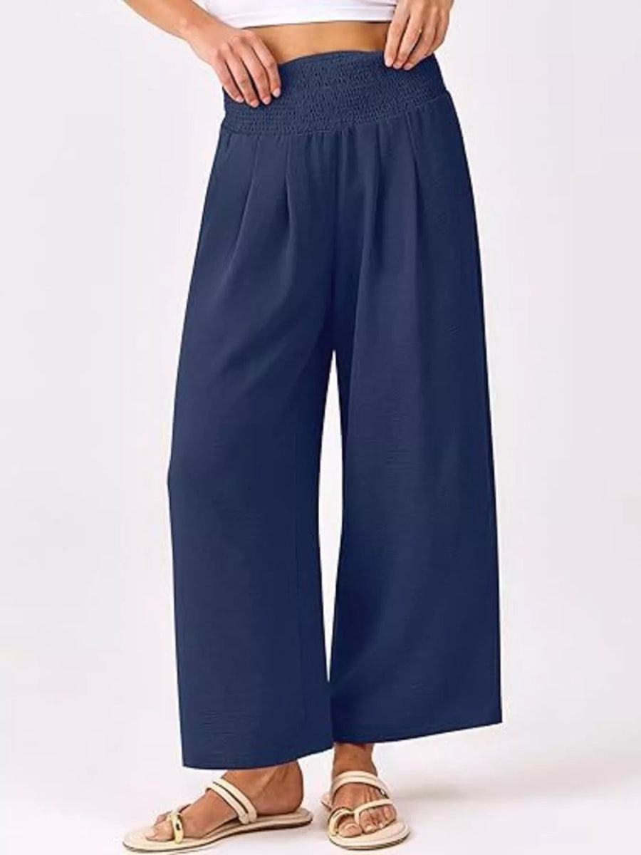 Wide Leg Smocked High Waist Pants - CELIVINE