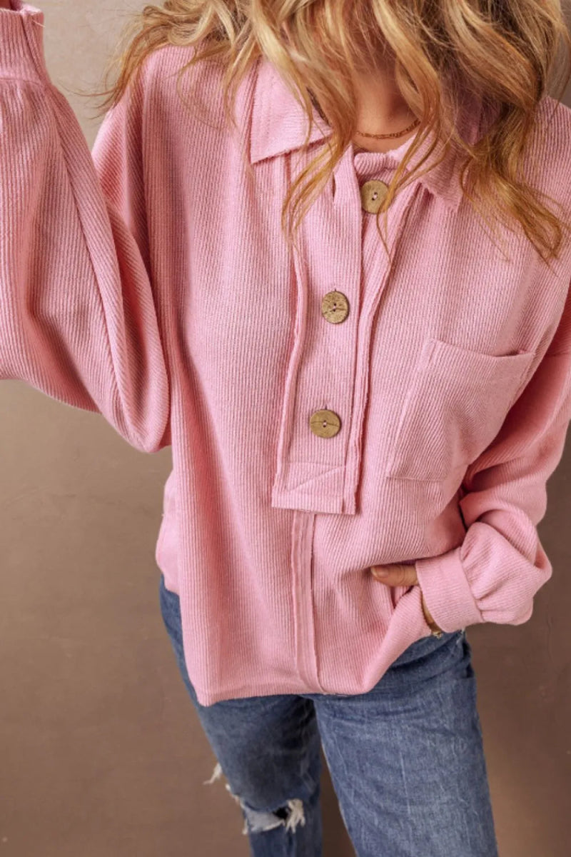 Pocketed Half Button Long Sleeve Sweatshirt - CELIVINE