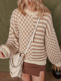 Stripe Checkerboard Drop Shoulder Balloon Sleeve Sweater - CELIVINE