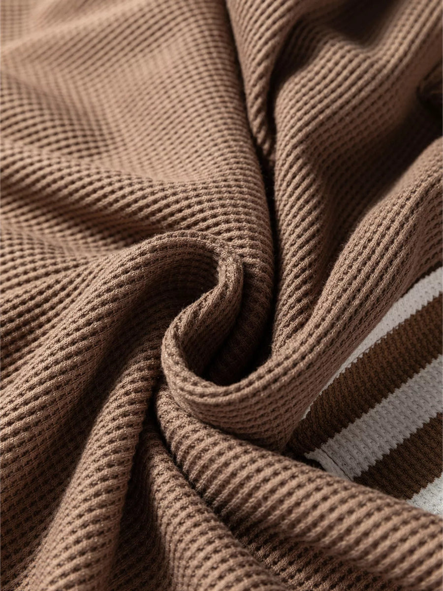 Waffle Texture Striped Patchwork Button Neck Drawstring Hoodie - CELIVINE