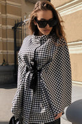 Houndstooth Tie Waist Trench Coat - CELIVINE