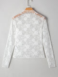 Sheer Floral Lace Mesh Mock Neck Long Sleeve Top - CELIVINE