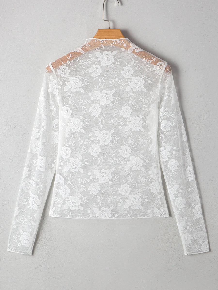 Sheer Floral Lace Mesh Mock Neck Long Sleeve Top - CELIVINE