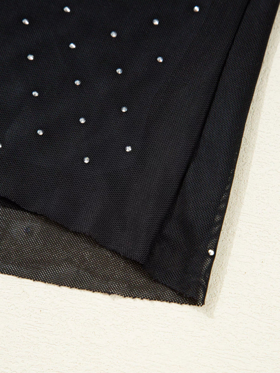 Rhinestone Embellished Mesh Long Sleeve Top - CELIVINE