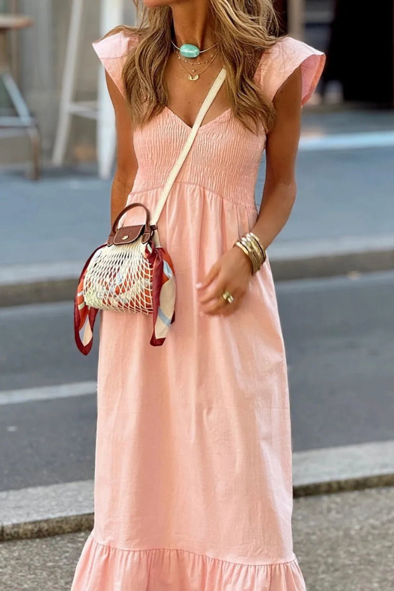 V Neck Ruffled Cap Sleeve Smocked Maxi Dress - CELIVINE