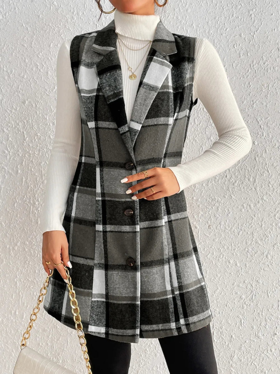 Honey Plaid Button Up Vest Coat - CELIVINE