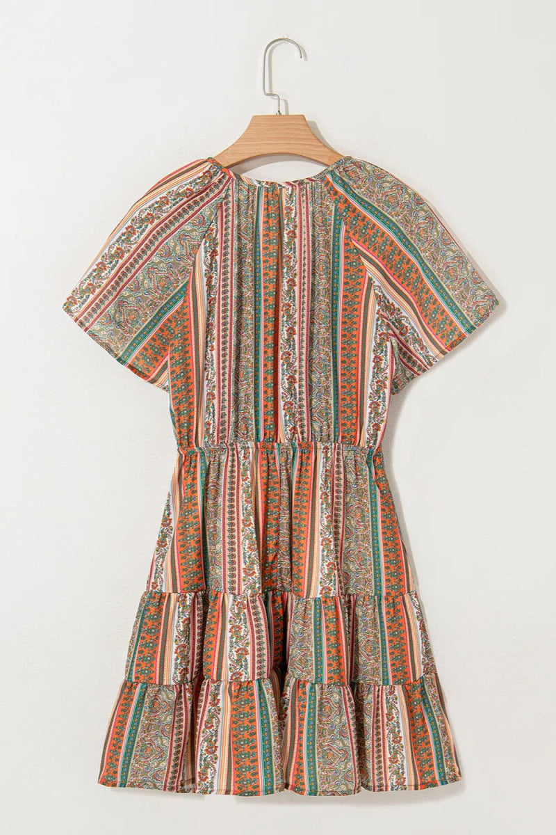 Bohemian Floral Print Buttoned V Neck Ruffle Tiered Dress - CELIVINE