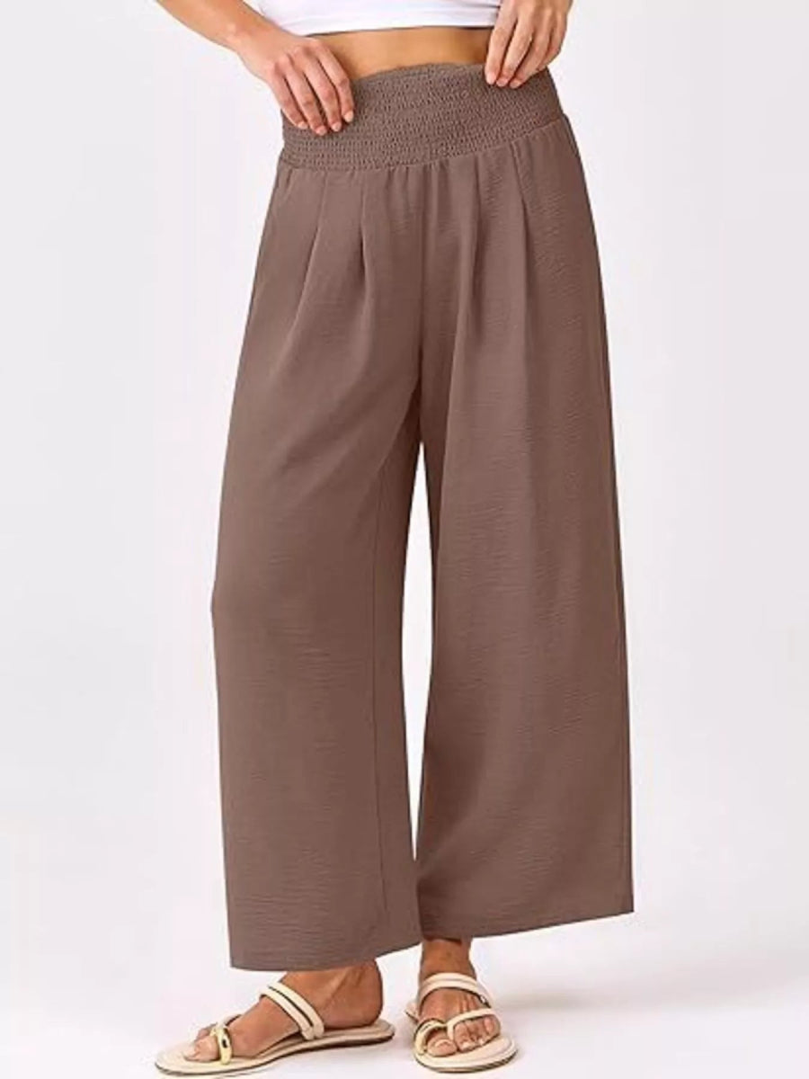 Wide Leg Smocked High Waist Pants - CELIVINE