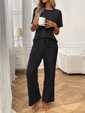 Ribbed Knit Short Sleeve Top and Pants Lounge Set - CELIVINE