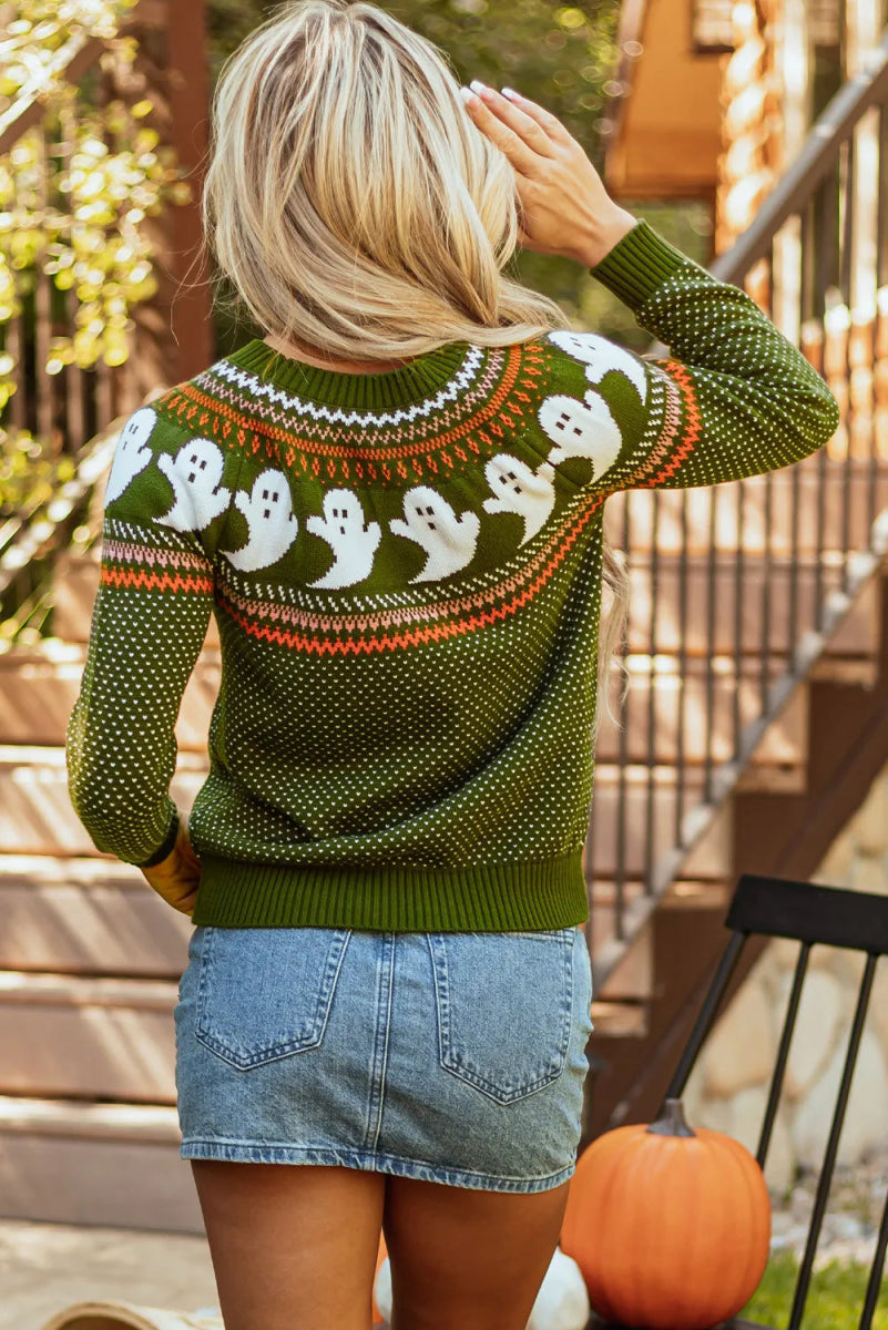 Ghost Round Neck Long Sleeve Sweater - CELIVINE