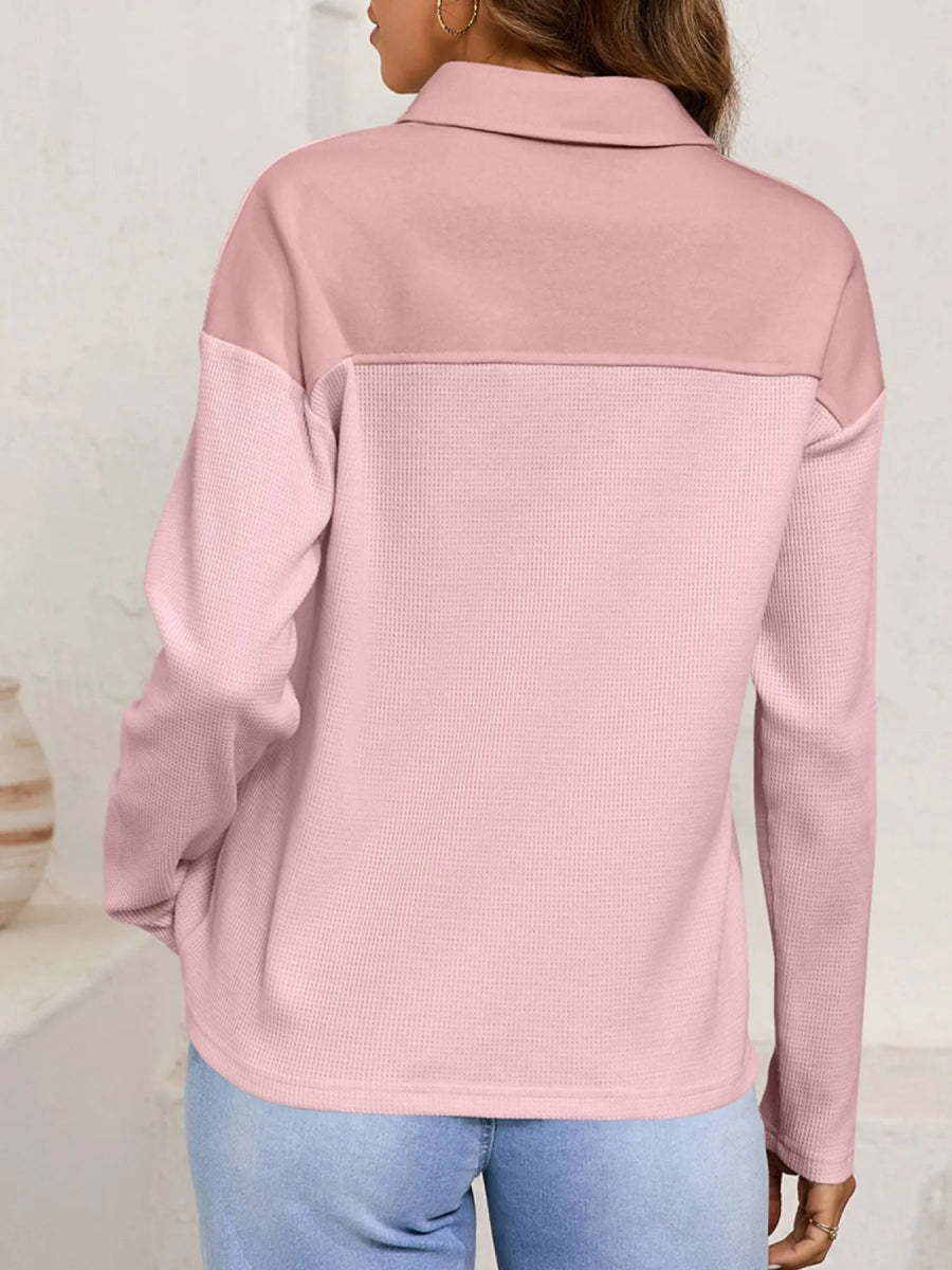 Long Sleeve Thermal Knit Polo Top - CELIVINE