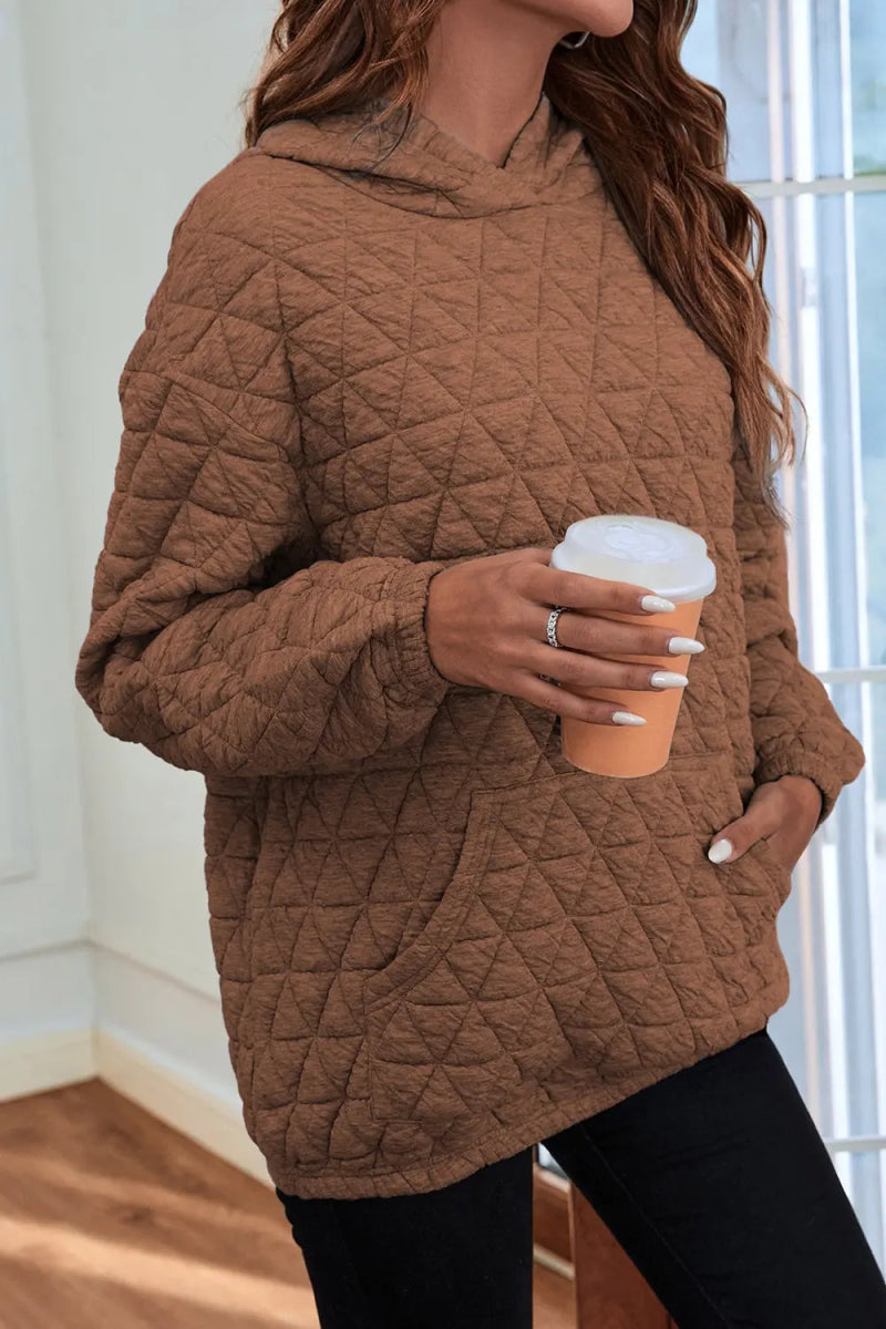 Quilted Long Sleeve Hoodie with Pocket - CELIVINE